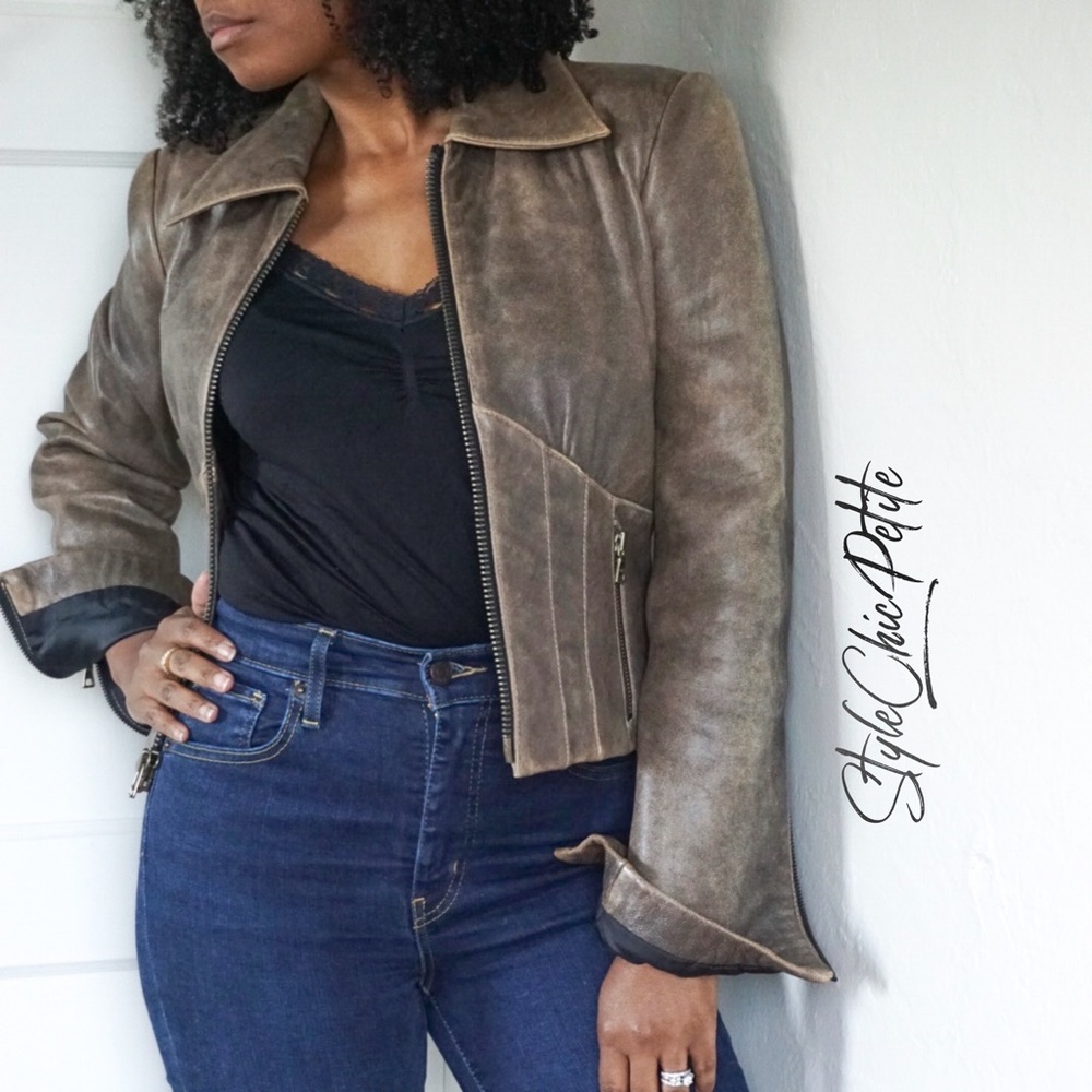 GUESS Genuine Brown Leather Moto Jacket